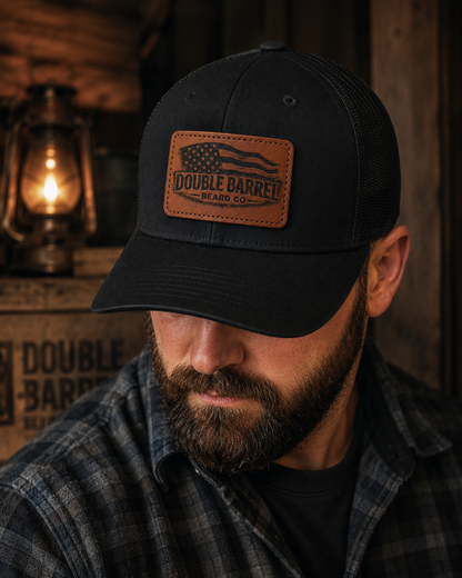 DOUBLE BARREL LEATHER PATCH TRUCKER HAT