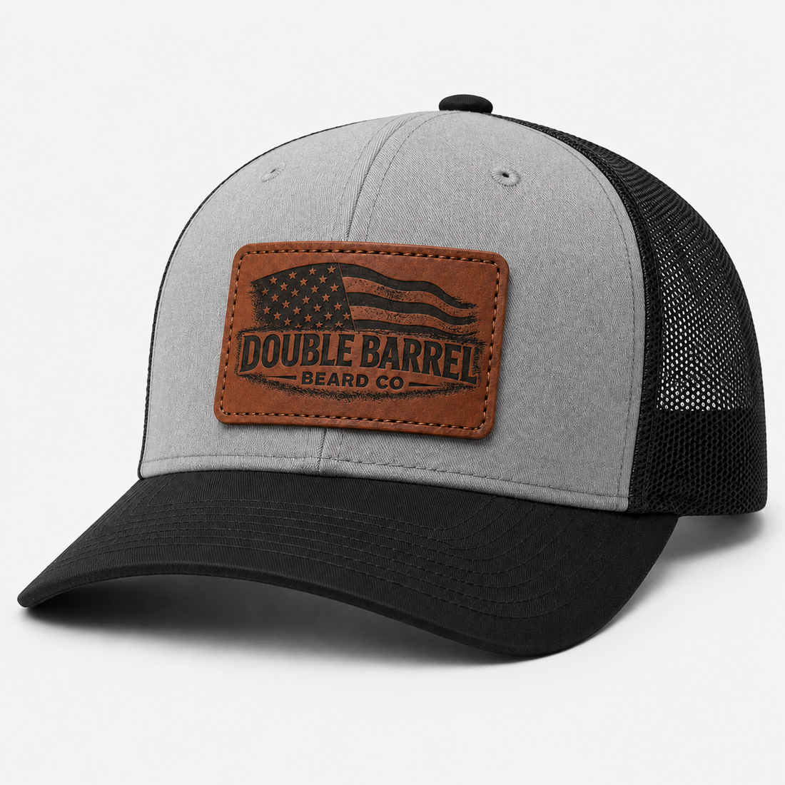 DOUBLE BARREL LEATHER PATCH TRUCKER HAT
